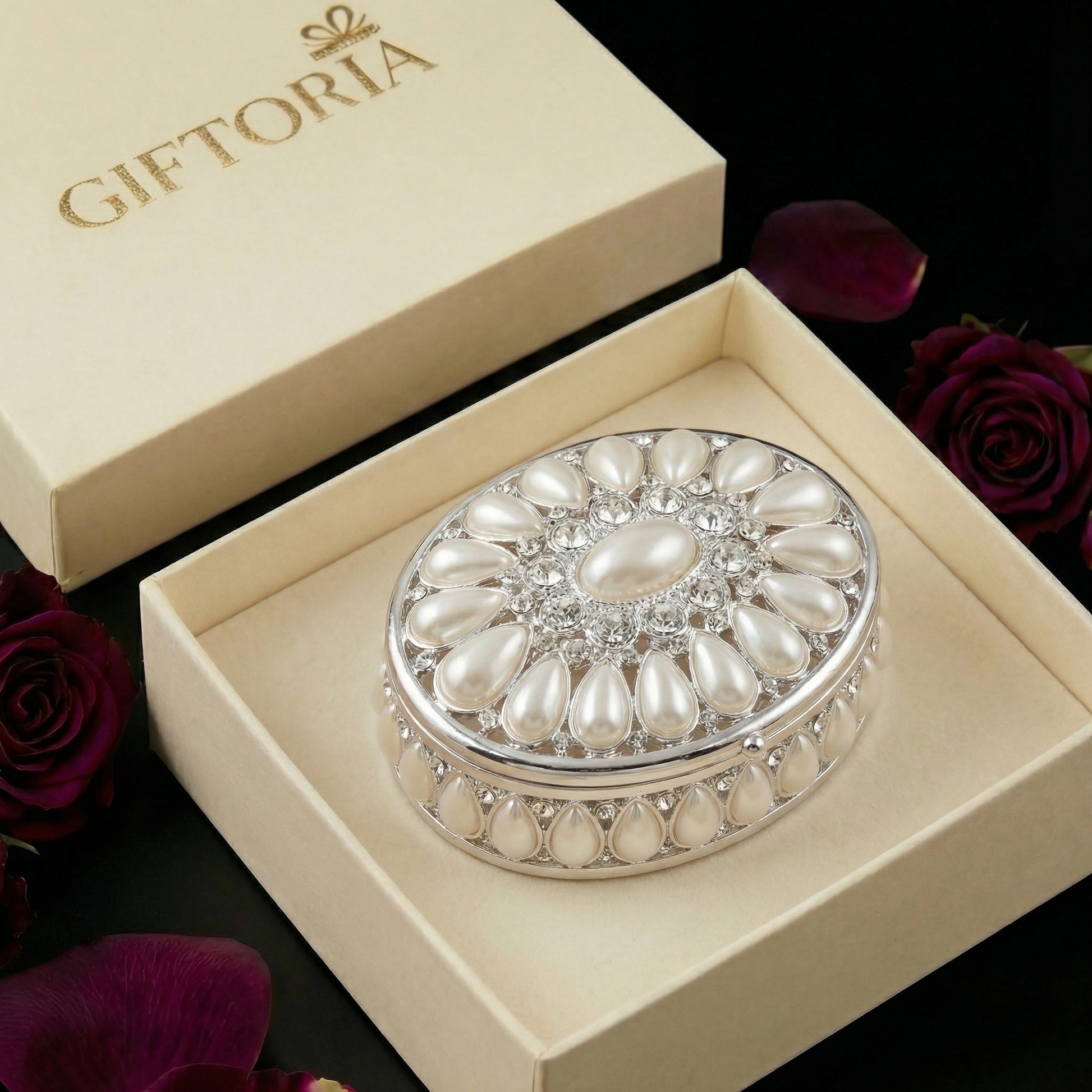 Elegant Pearl Oval Jewellery Box presented in a gift box, perfect for thoughtful gifting