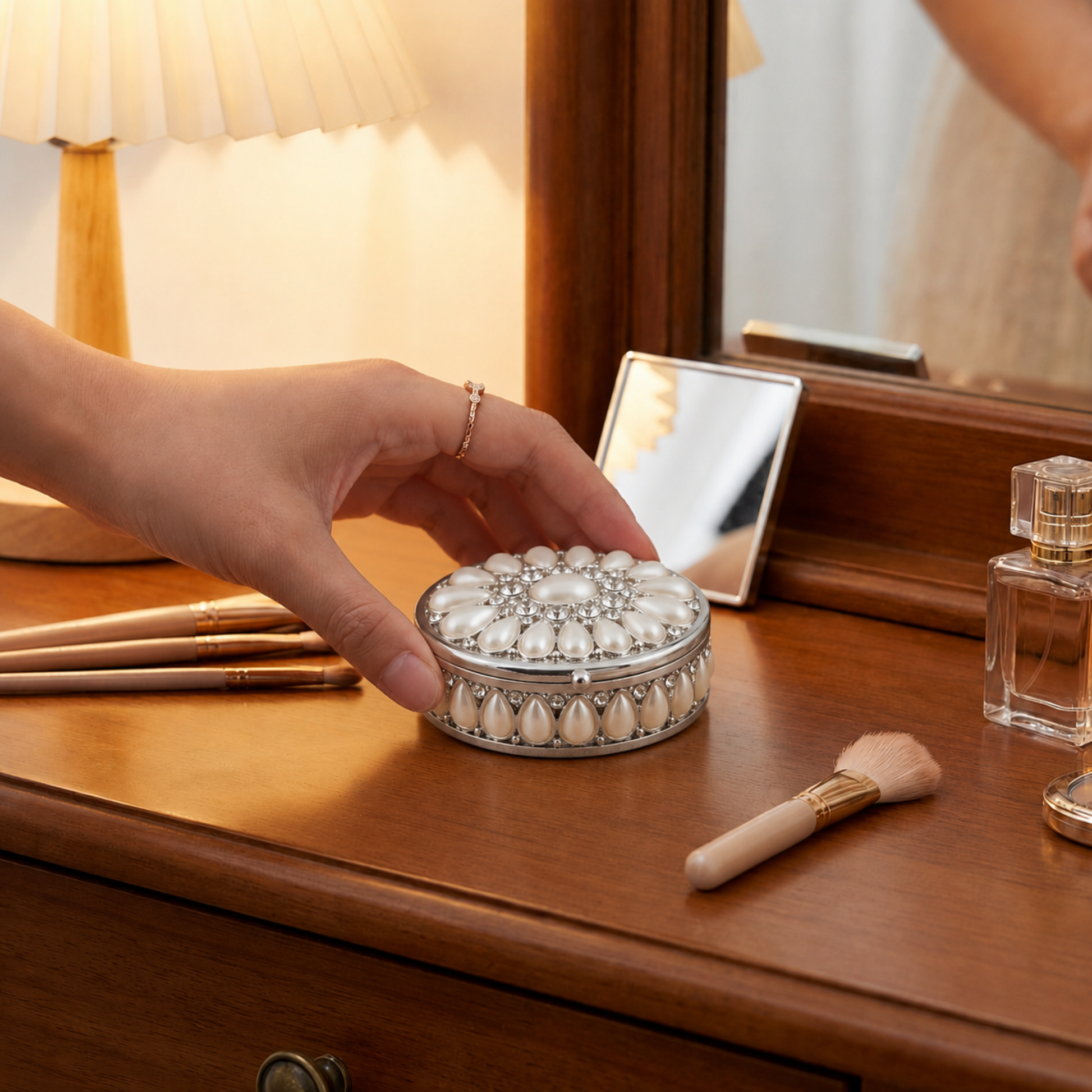 Elegant Pearl Oval Jewellery Box displayed on a vanity table as a charming decorative keepsake
