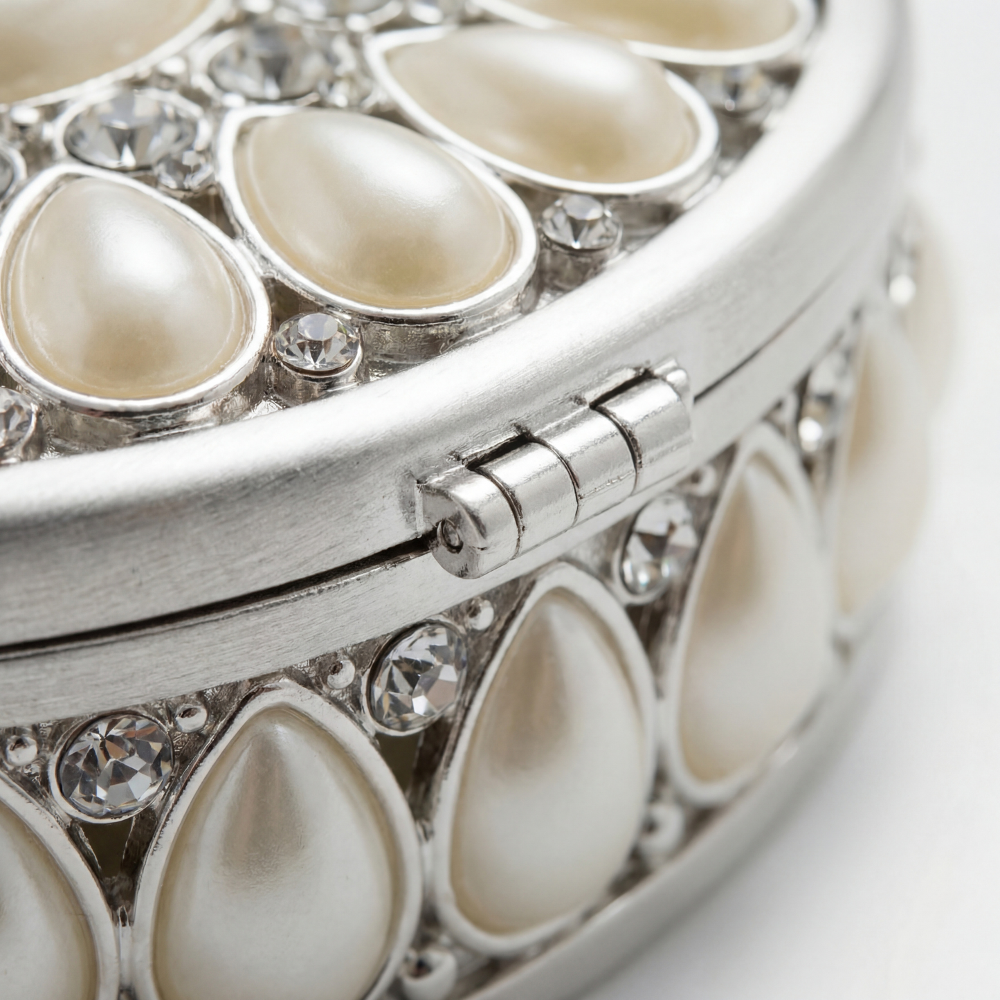 Close-up of the Elegant Pearl Oval Jewellery Box showing pearl accents, metal trim and fine craftsmanship