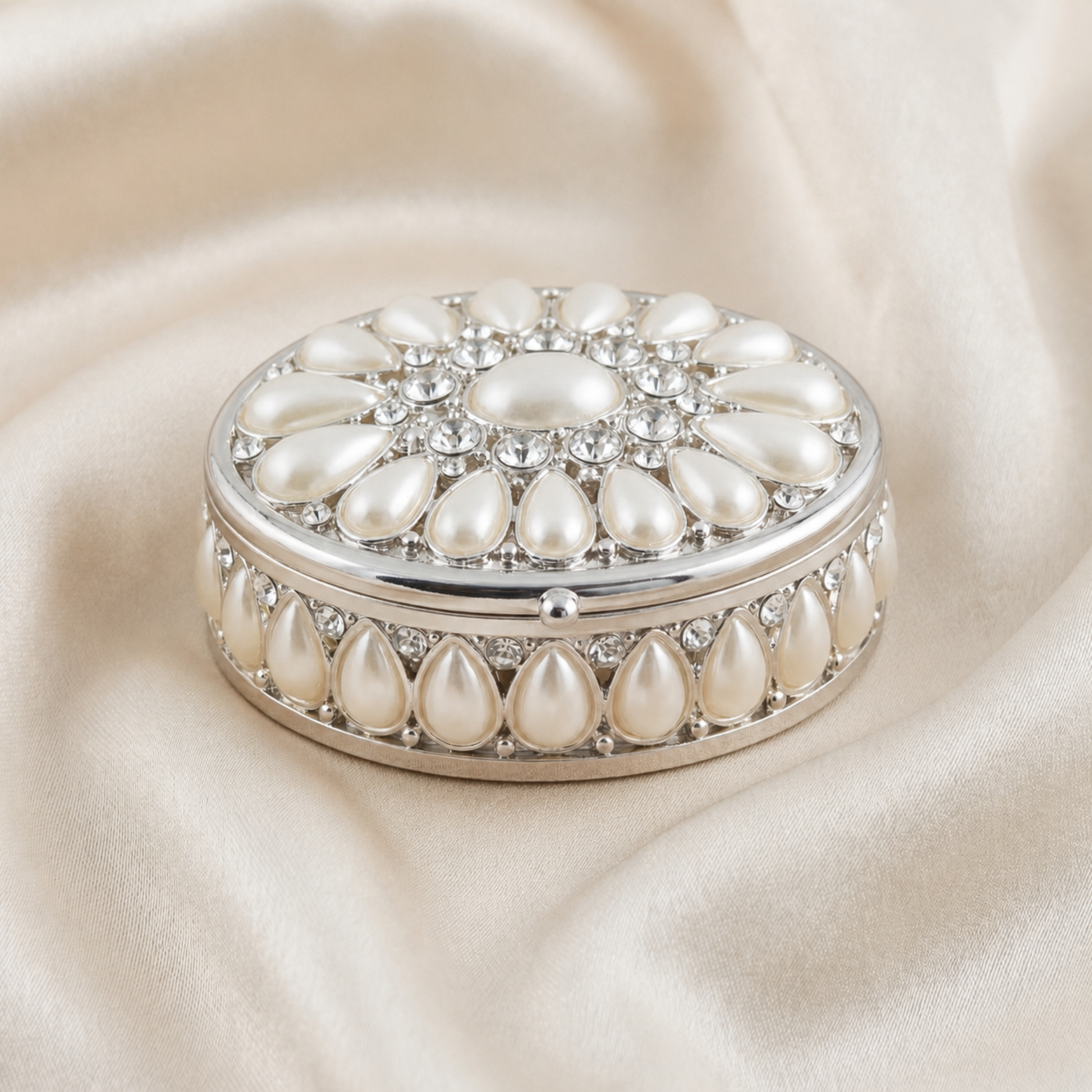 Elegant Pearl Oval Jewellery Box in silver with pearl details on a soft neutral fabric background
