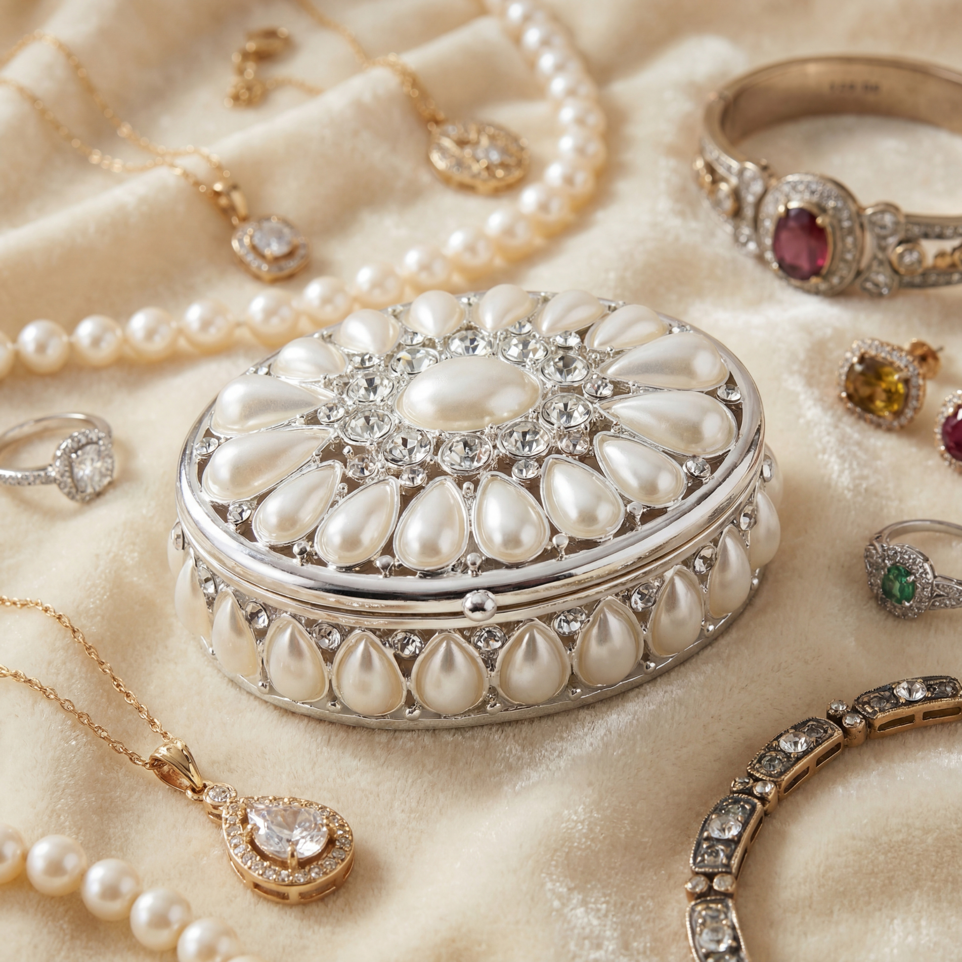 Elegant Pearl Oval Jewellery Box styled with jewellery, showing its decorative and gift-ready appeal