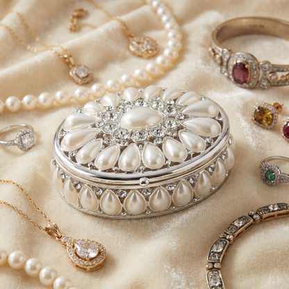 Elegant Pearl Oval Jewellery Box styled with jewellery, showing its decorative and gift-ready appeal