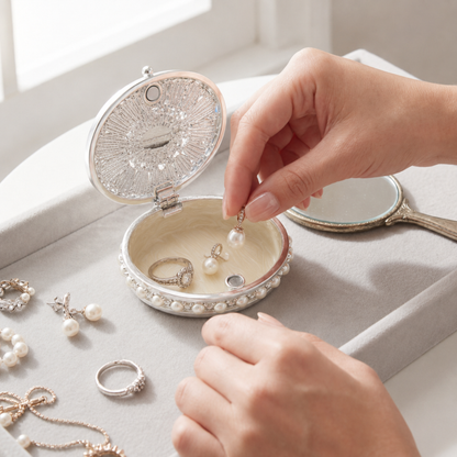 Open Elegant Pearl Oval Jewellery Box with smooth ivory interior for storing rings and small jewellery