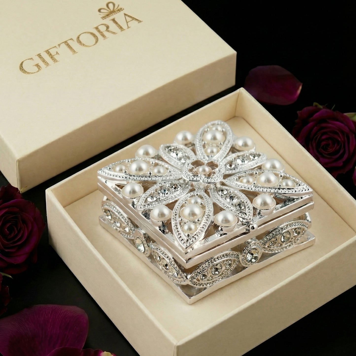 Elegant Pearl Square Jewellery Box presented in a gift box, perfect for thoughtful gifting