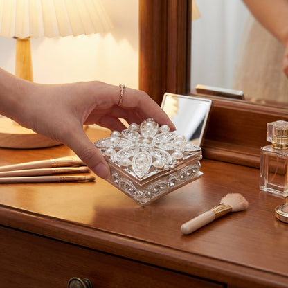 Elegant Pearl Square Jewellery Box displayed on a vanity table as a charming decorative keepsake