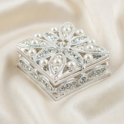 Elegant Pearl Square Jewellery Box in silver with pearl details on a soft neutral fabric background