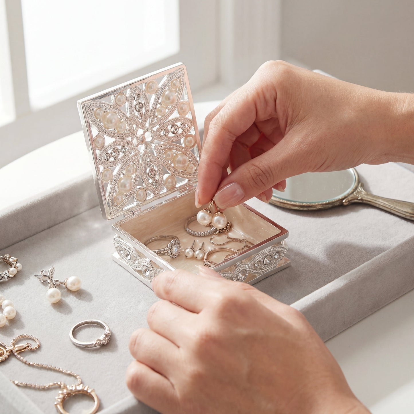 Open Elegant Pearl Square Jewellery Box with smooth ivory interior for storing rings and small jewellery