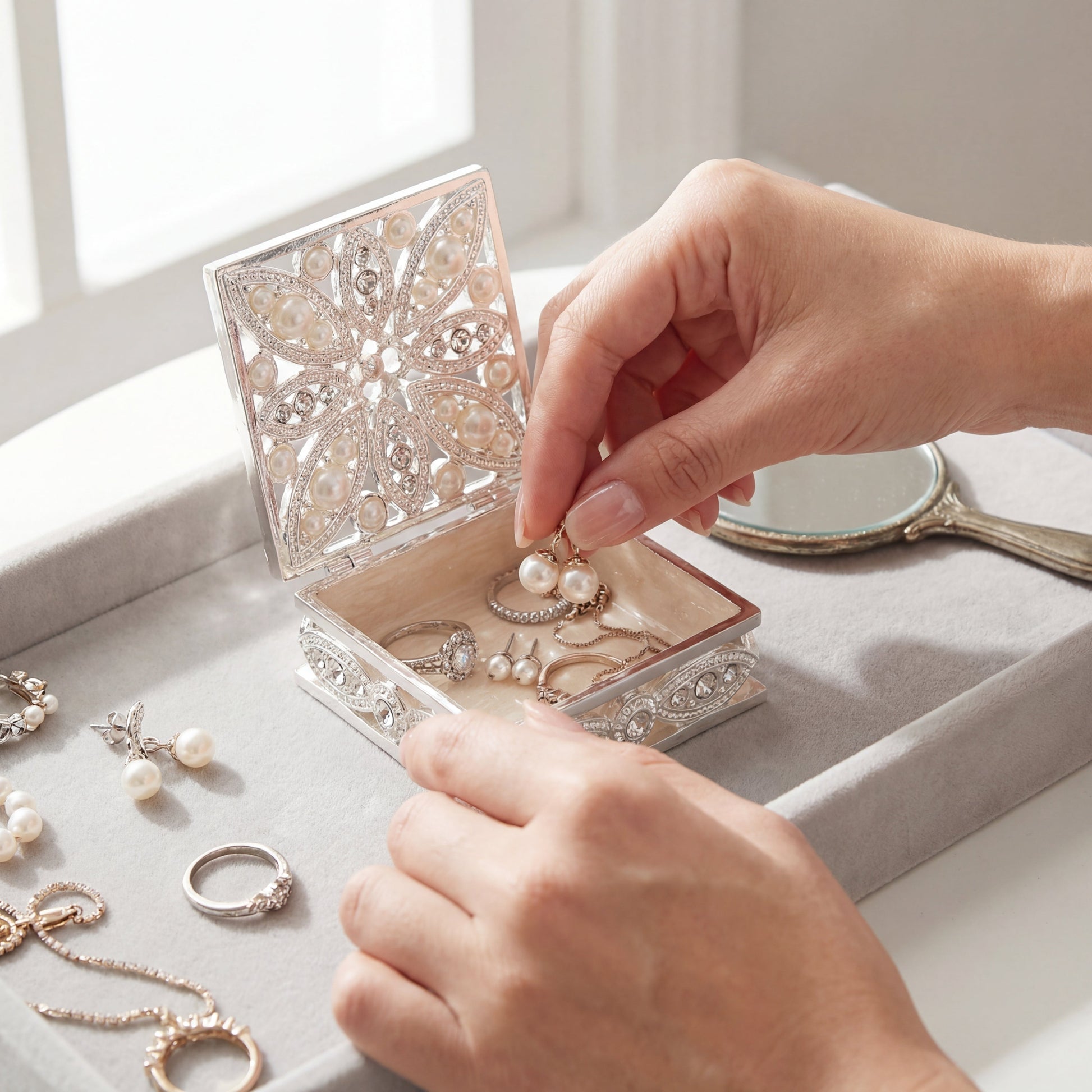 Open Elegant Pearl Square Jewellery Box with smooth ivory interior for storing rings and small jewellery