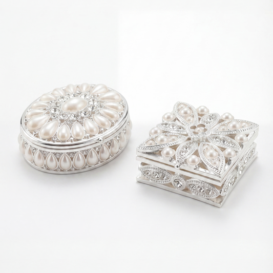 Elegant vintage pearl jewellery box set for her with round and square trinket boxes