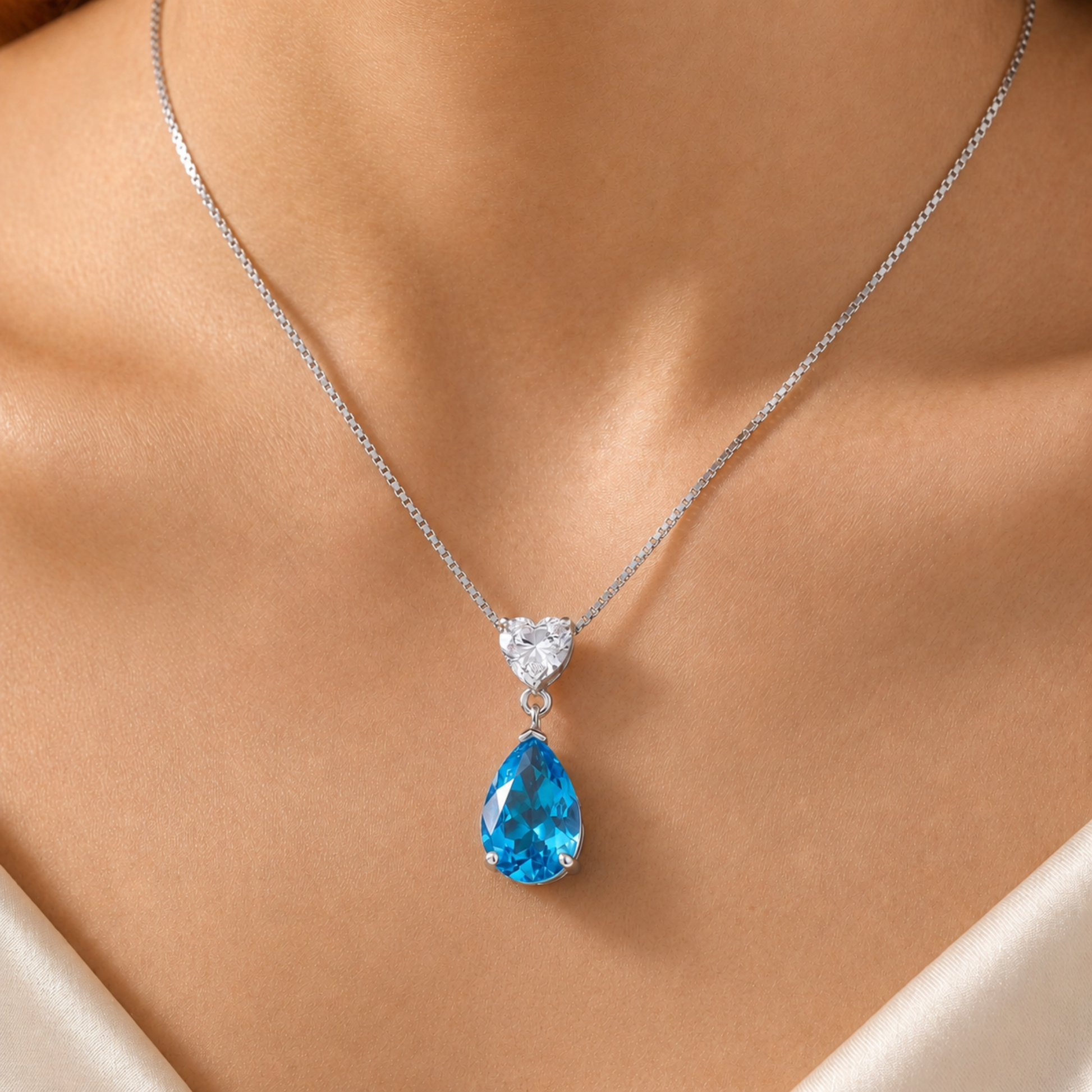 Forever Love 925 sterling silver ocean heart blue necklace worn on model, romantic blue cubic zirconia pendant gift for her Australia