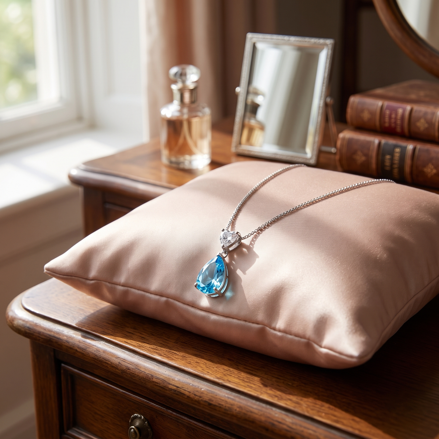 Forever Love 925 sterling silver ocean heart blue necklace displayed on a satin pillow, a romantic jewellery gift for her in Australia.