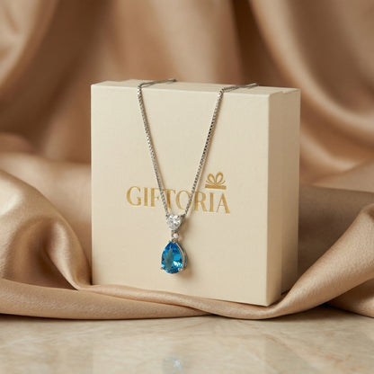Gift ready ocean heart blue necklace displayed with Giftoria gift box, elegant romantic jewellery gift for her Australia