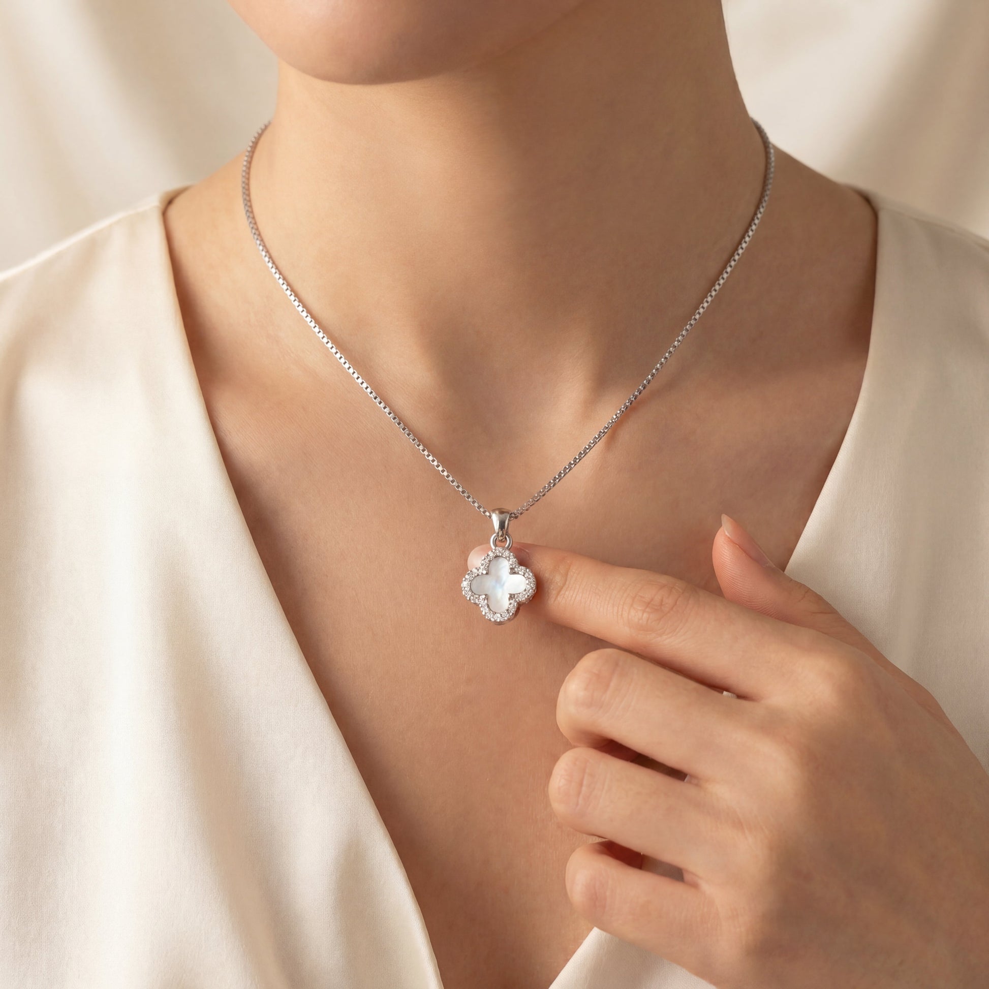 925 sterling silver four leaf clover necklace worn by model