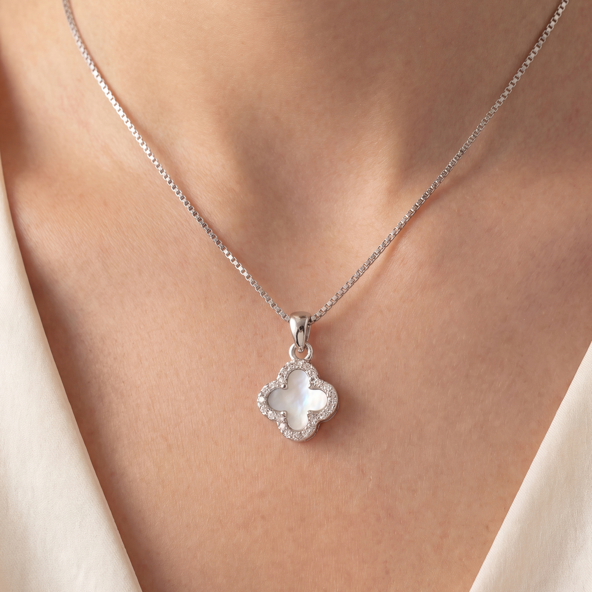 925 sterling silver four leaf clover necklace worn by model