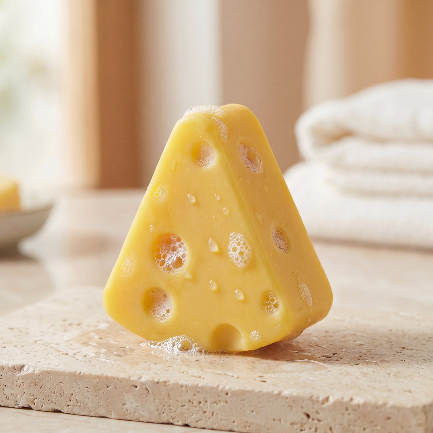 Gift Ready Cheese Silk Protein Cleansing Soap shaped like cheese on a neutral bathroom style background