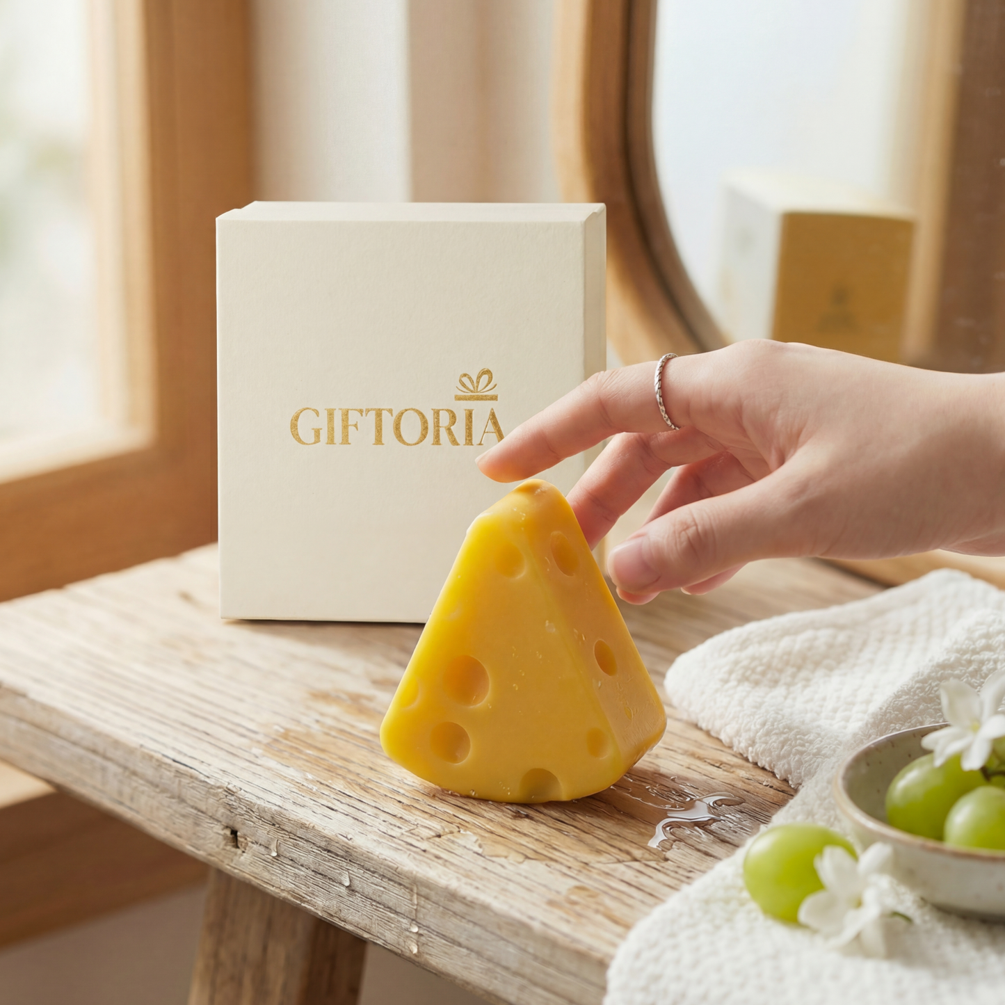 Hand reaching for Gift Ready Cheese Silk Protein Cleansing Soap beside a branded gift box