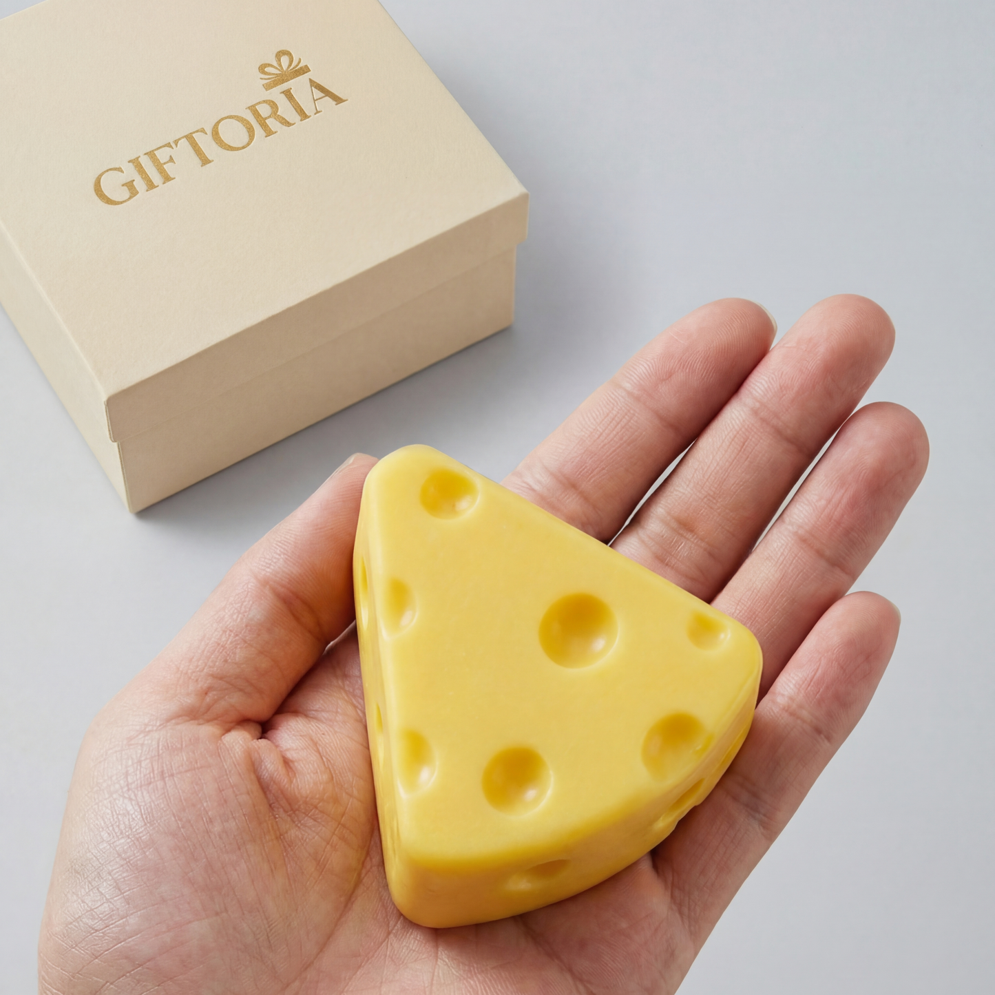Gift Ready Cheese Silk Protein Cleansing Soap shown in hand for size reference