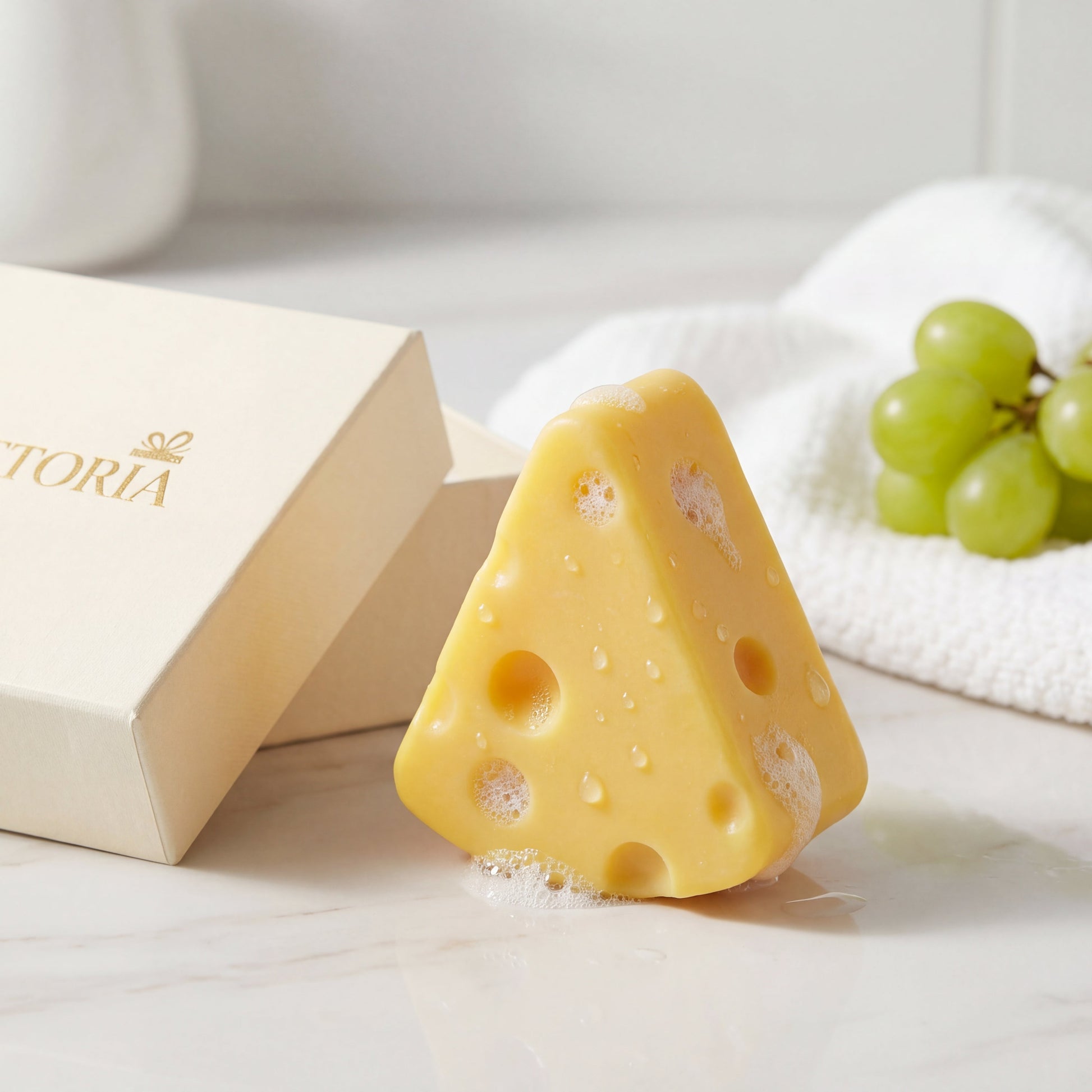 Gift Ready Cheese Silk Protein Cleansing Soap displayed beside a branded gift box