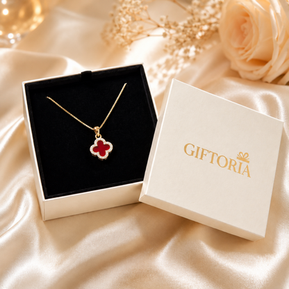 four leaf clover gold necklace presented in Giftoria jewellery gift box
