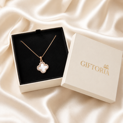 four leaf clover rose gold necklace presented in Giftoria jewellery gift box