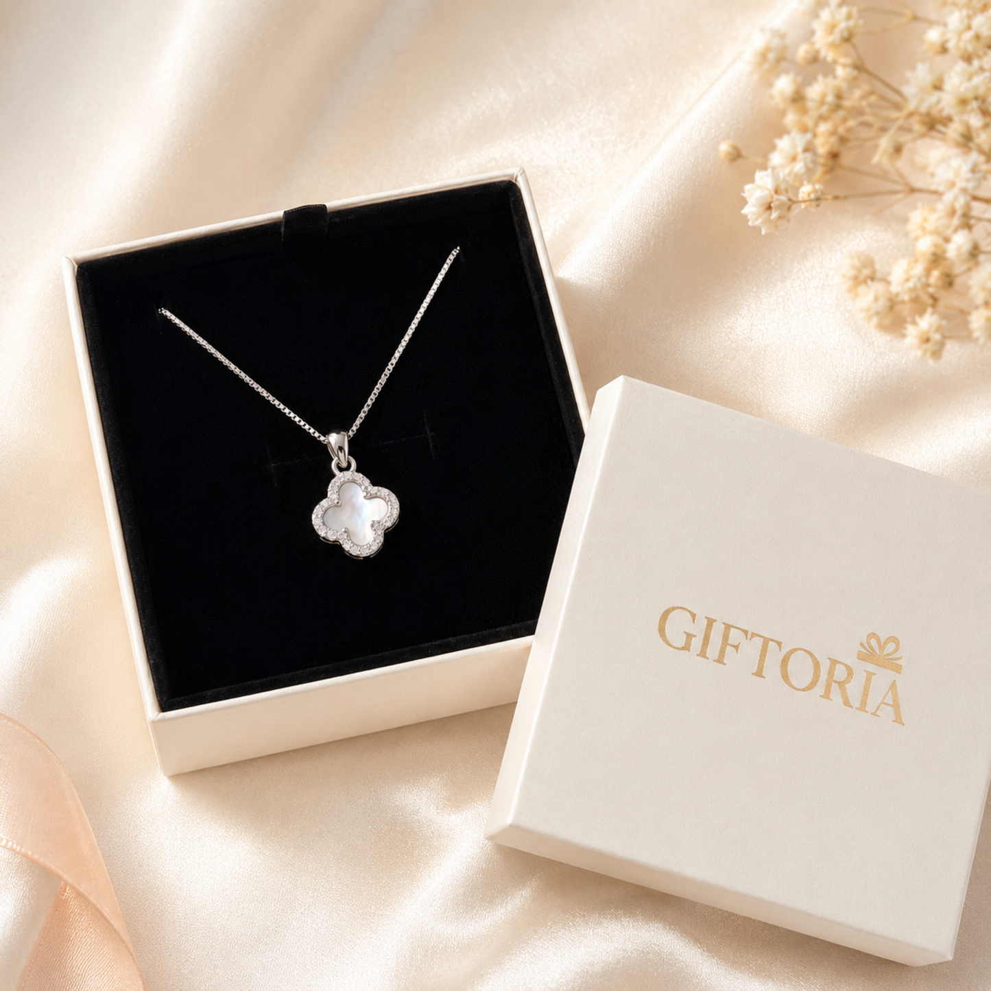 four leaf clover silver necklace presented in Giftoria jewellery gift box