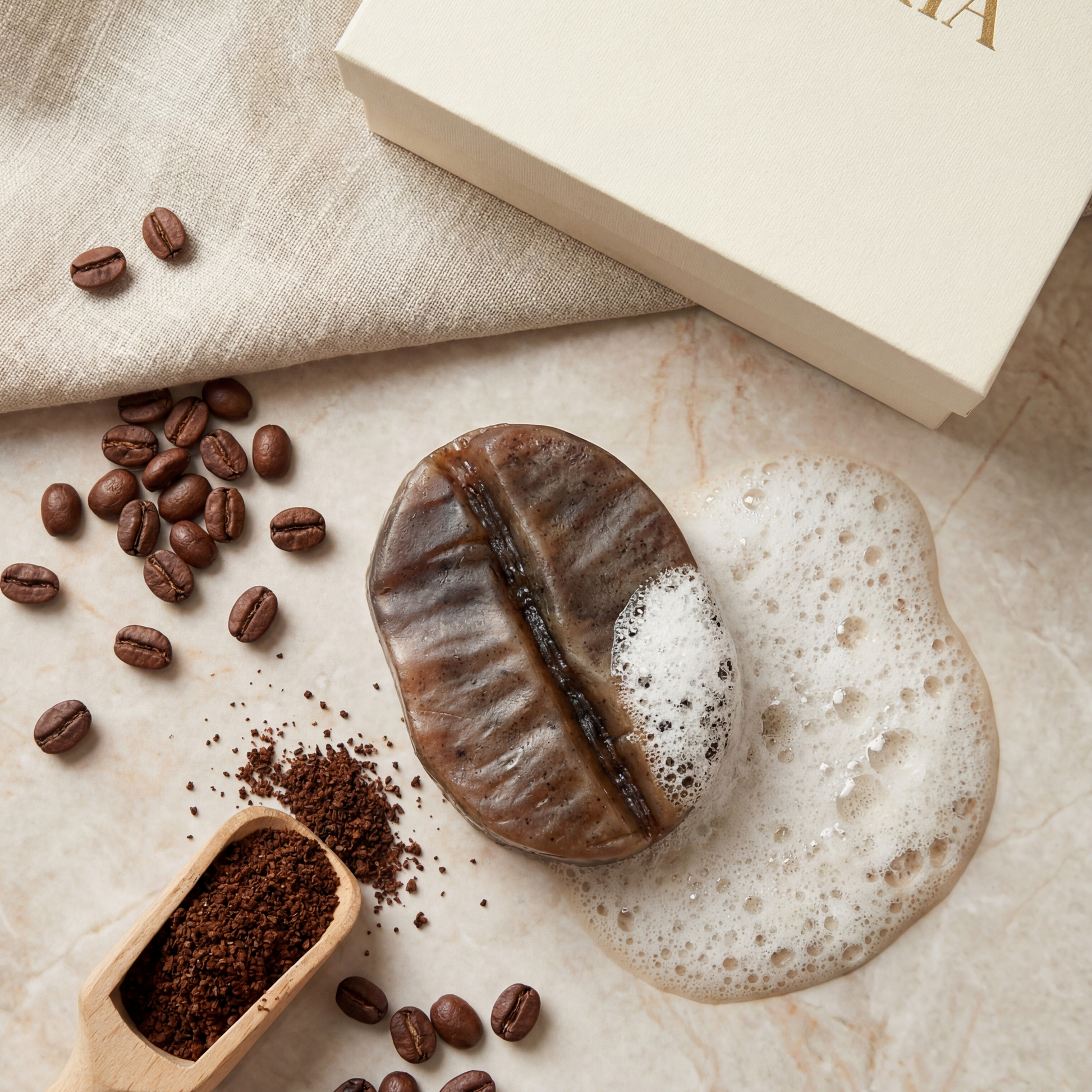Gift-Ready Handmade Coffee Bean Soap styled with gift box and coffee beans