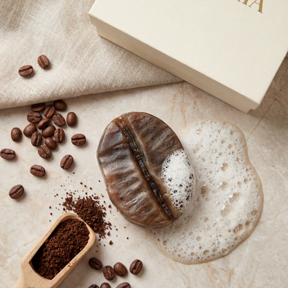 Gift-Ready Handmade Coffee Bean Soap styled with gift box and coffee beans
