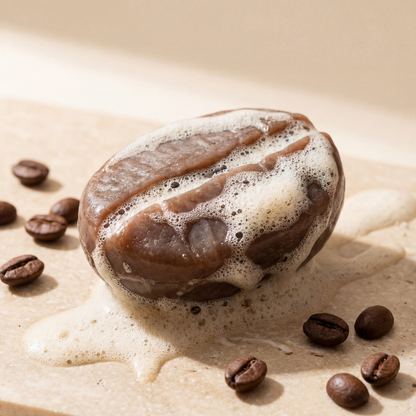 Gift-Ready Handmade Coffee Bean Soap with creamy lather and coffee bean detail