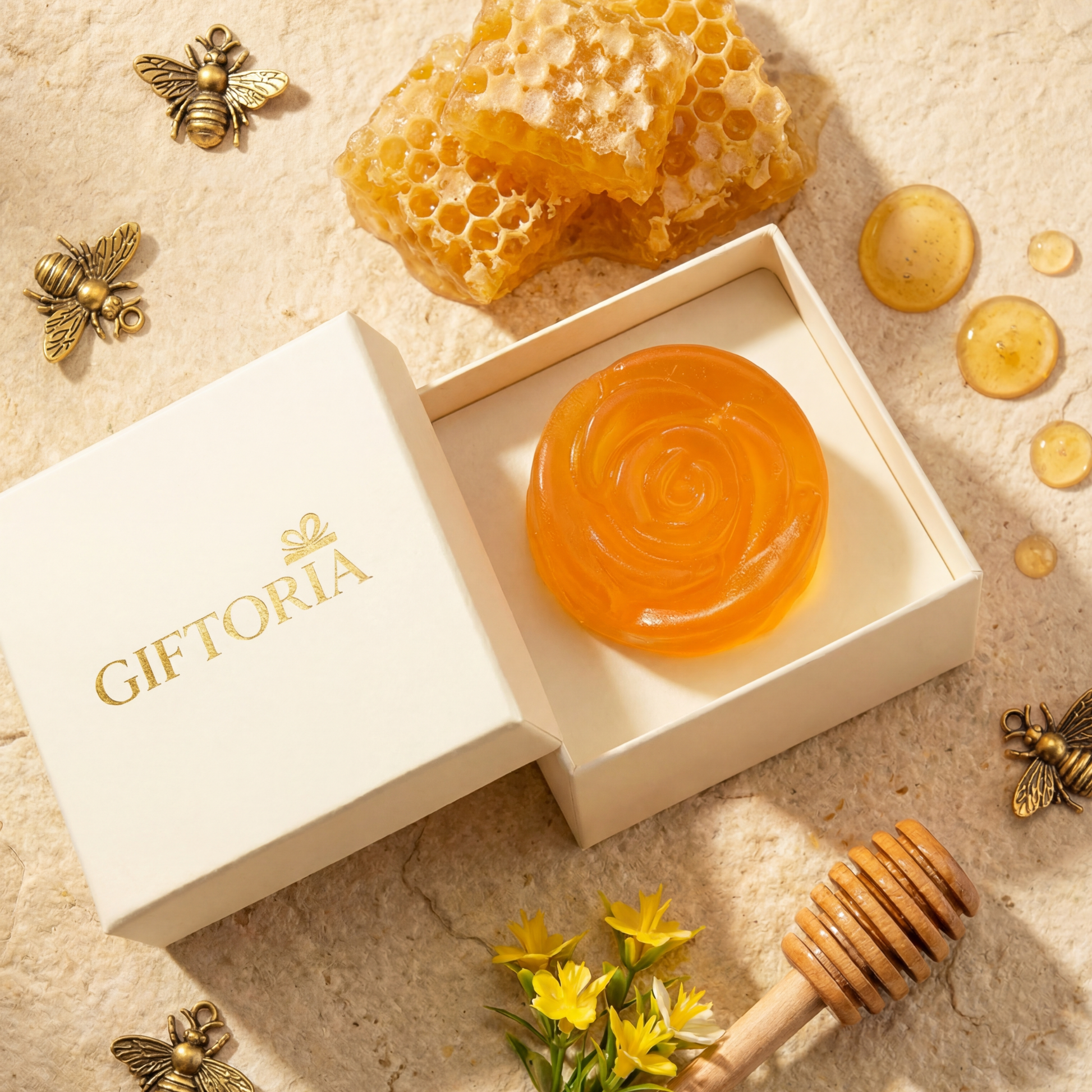 Gift-ready handmade floral essential oil soap in orange honey shape with gift box and honey-inspired styling.