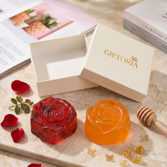 Gift-ready handmade floral essential oil soap in red and orange honey designs with open Giftoria gift box.