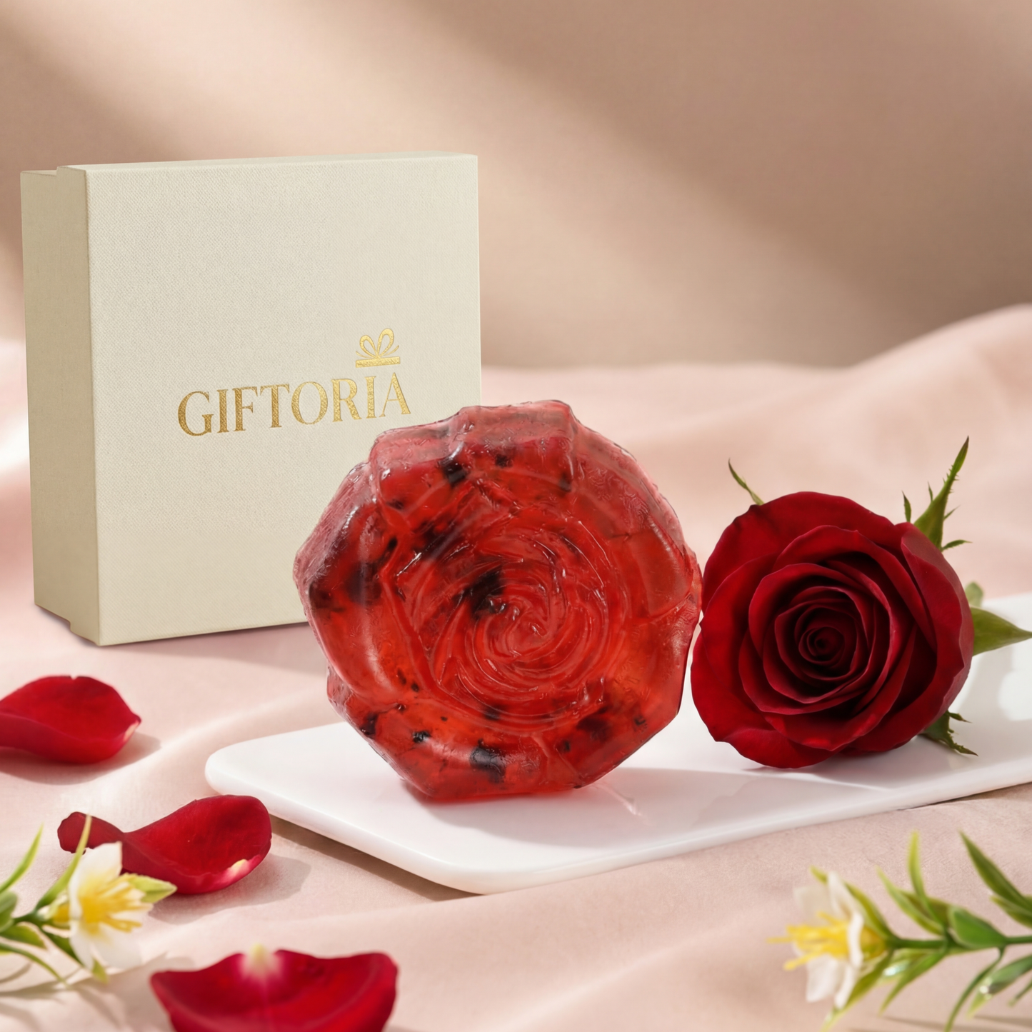 Gift-ready handmade floral essential oil soap in red rose shape with Giftoria gift box and fresh rose.