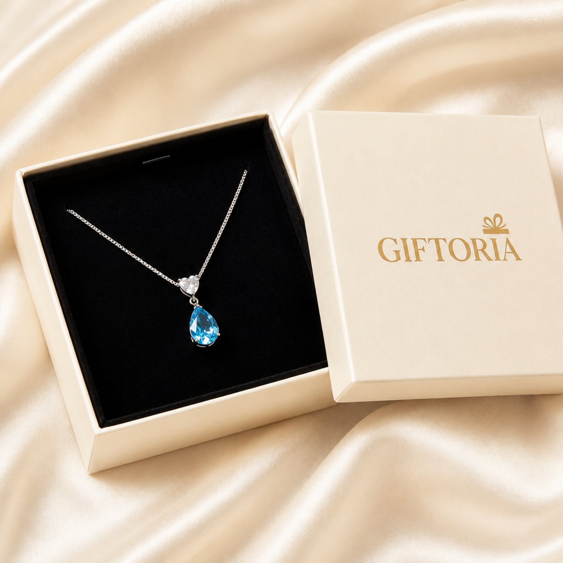 Forever Love blue necklace presented in Giftoria gift box, ready to gift 925 sterling silver jewellery for her