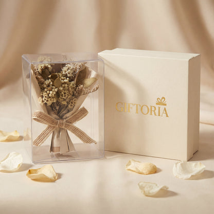 Ivory dried flower bouquet box with Giftoria packaging, elegant preserved flower gift for her