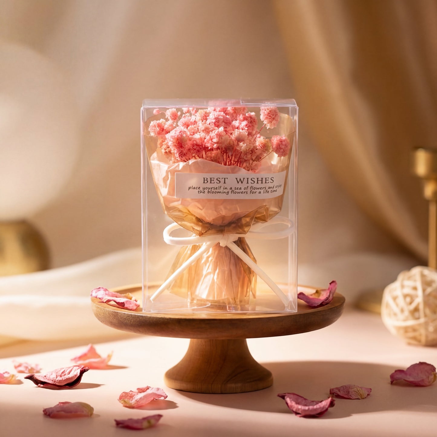 Pink baby’s breath bouquet box with warm candlelight, romantic dried flower gift for birthday or anniversary