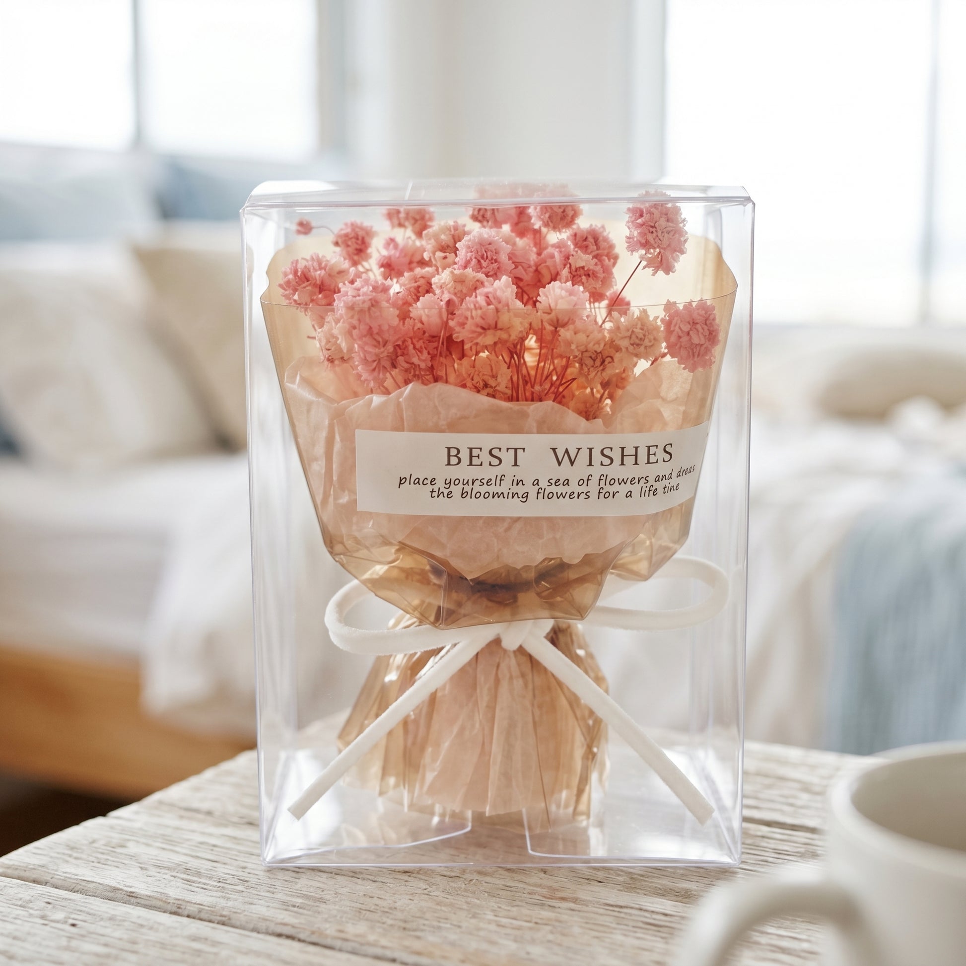 Pink baby’s breath bouquet box close-up, delicate preserved flower gift for her Australia