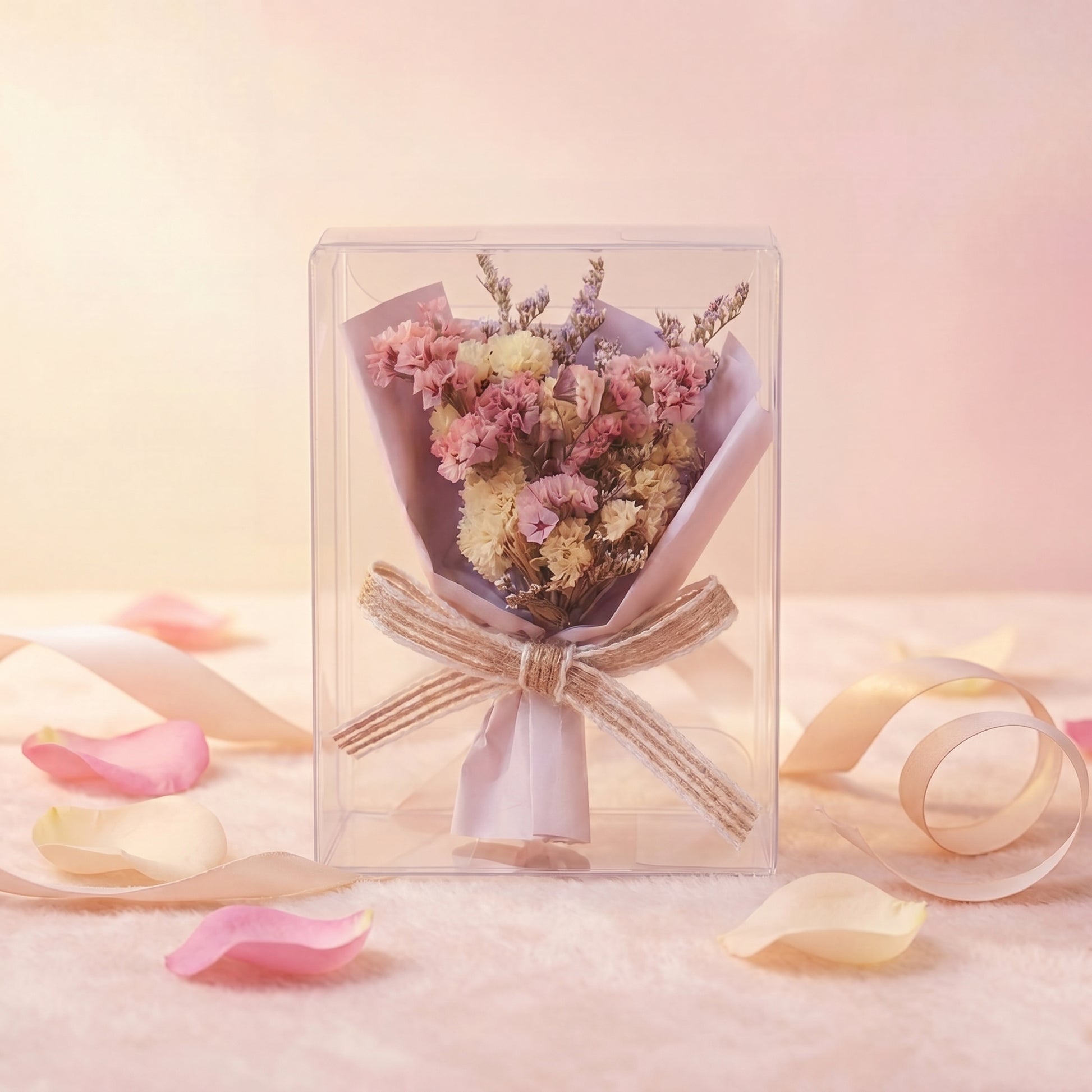 Pink mixed dried flower bouquet box, romantic gift-ready flower present