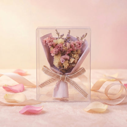 Pink mixed dried flower bouquet box, romantic gift-ready flower present