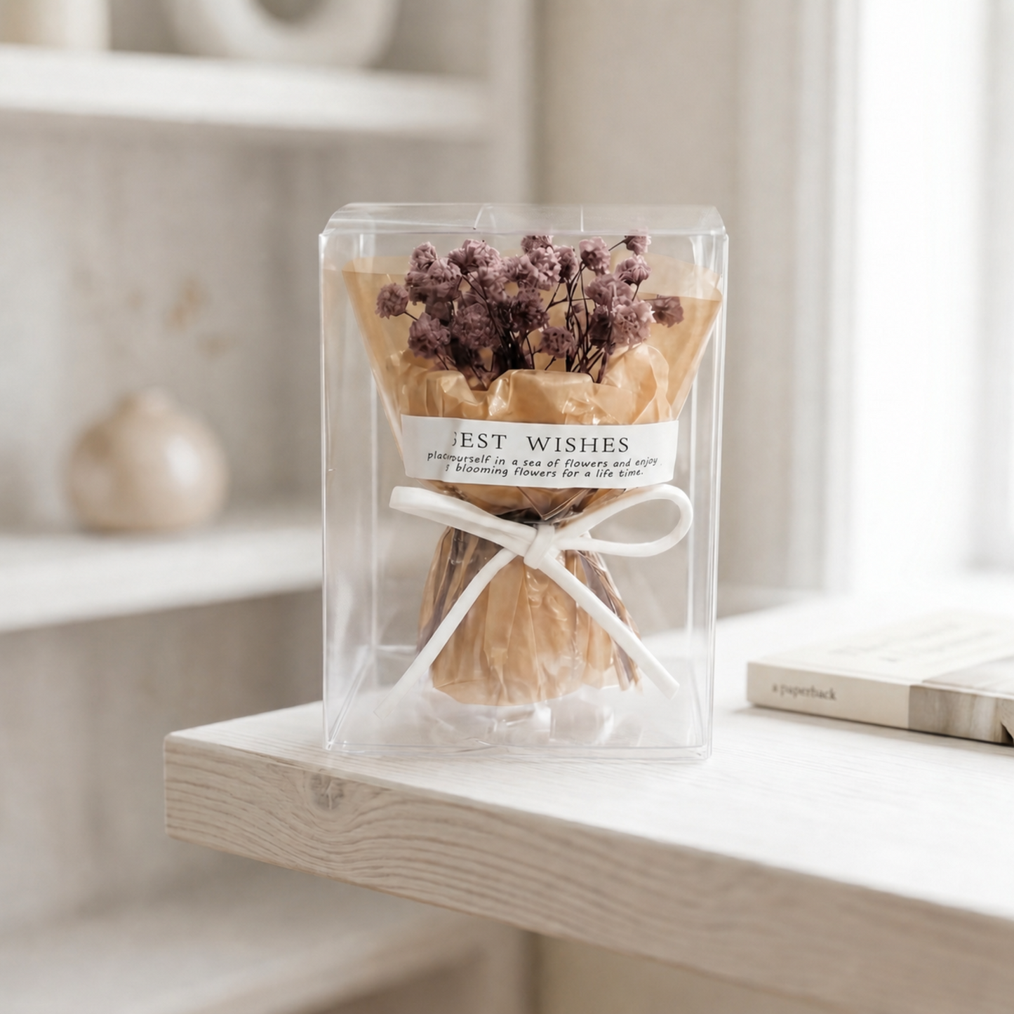 Purple baby’s breath bouquet box on white shelf, delicate dried flower gift for her Australia