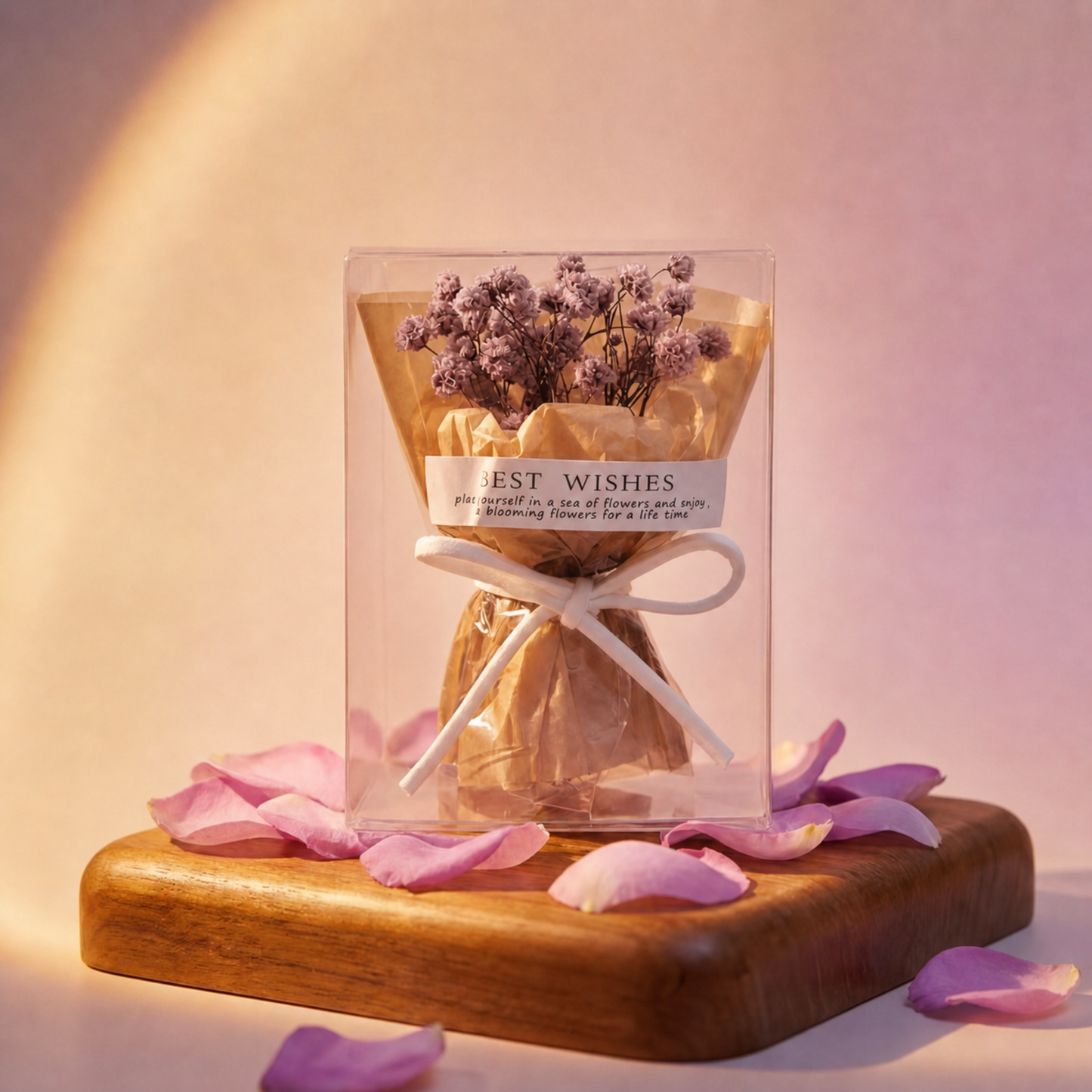 Purple baby’s breath dried flower bouquet box with rose petals, romantic gift-ready floral present