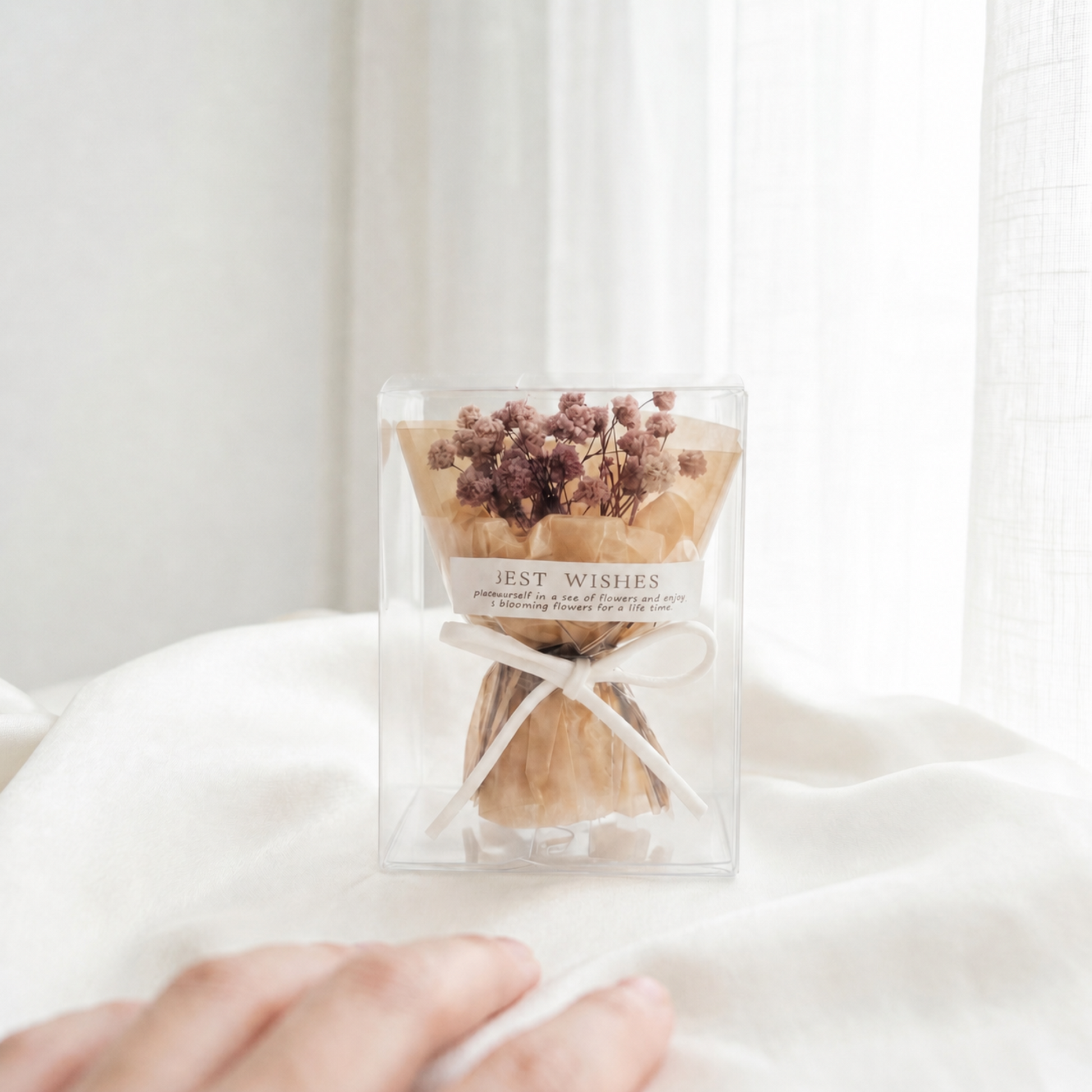 Purple baby’s breath bouquet box on soft bedding, elegant preserved flower gift for her