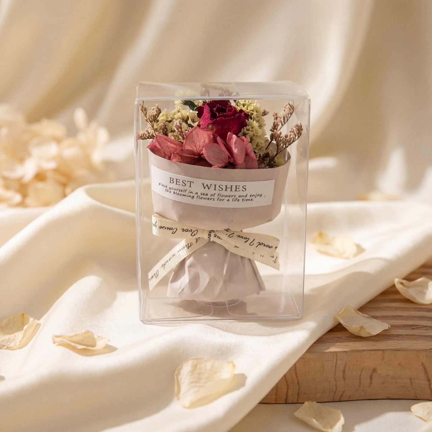 Red rose dried flower bouquet box on cream fabric, romantic ready-to-gift floral keepsake for her