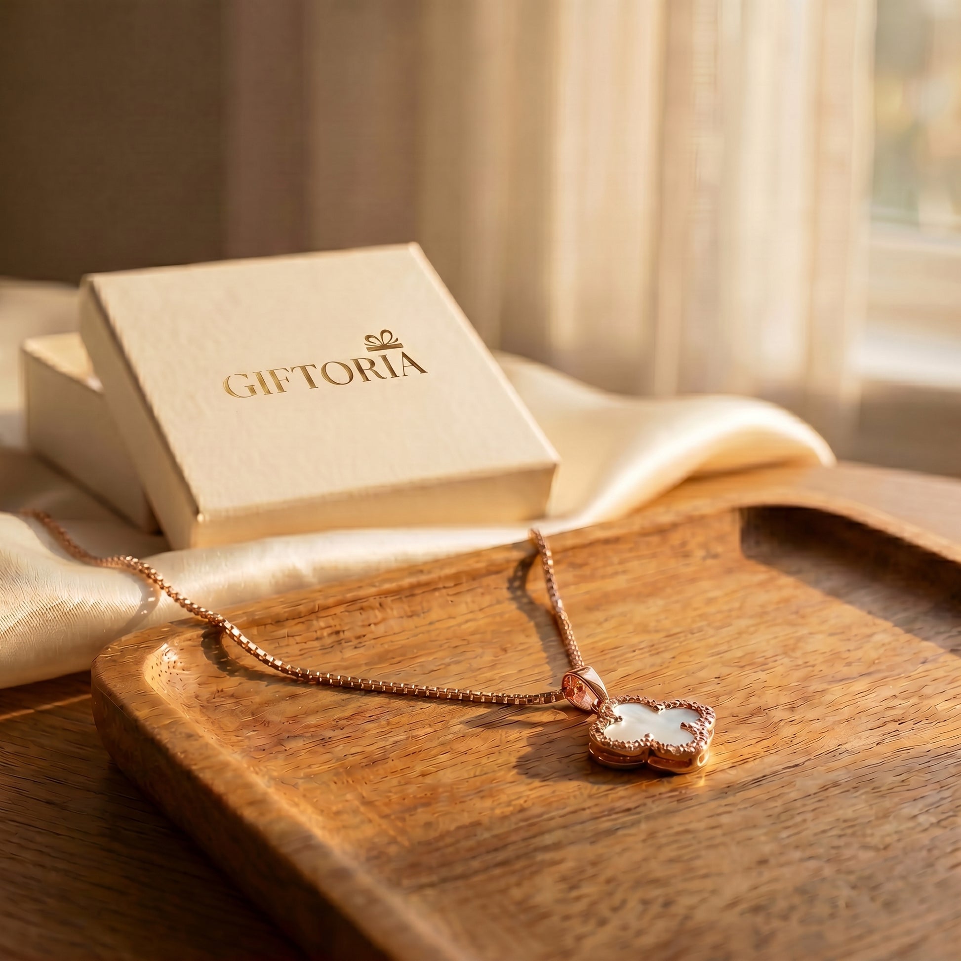 rose gold four leaf clover necklace presented in Giftoria gift box
