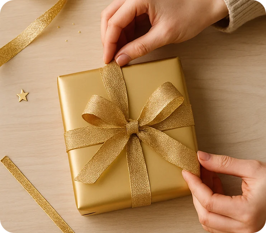 Gold gift box with a bow being held by hands on a wooden surface.