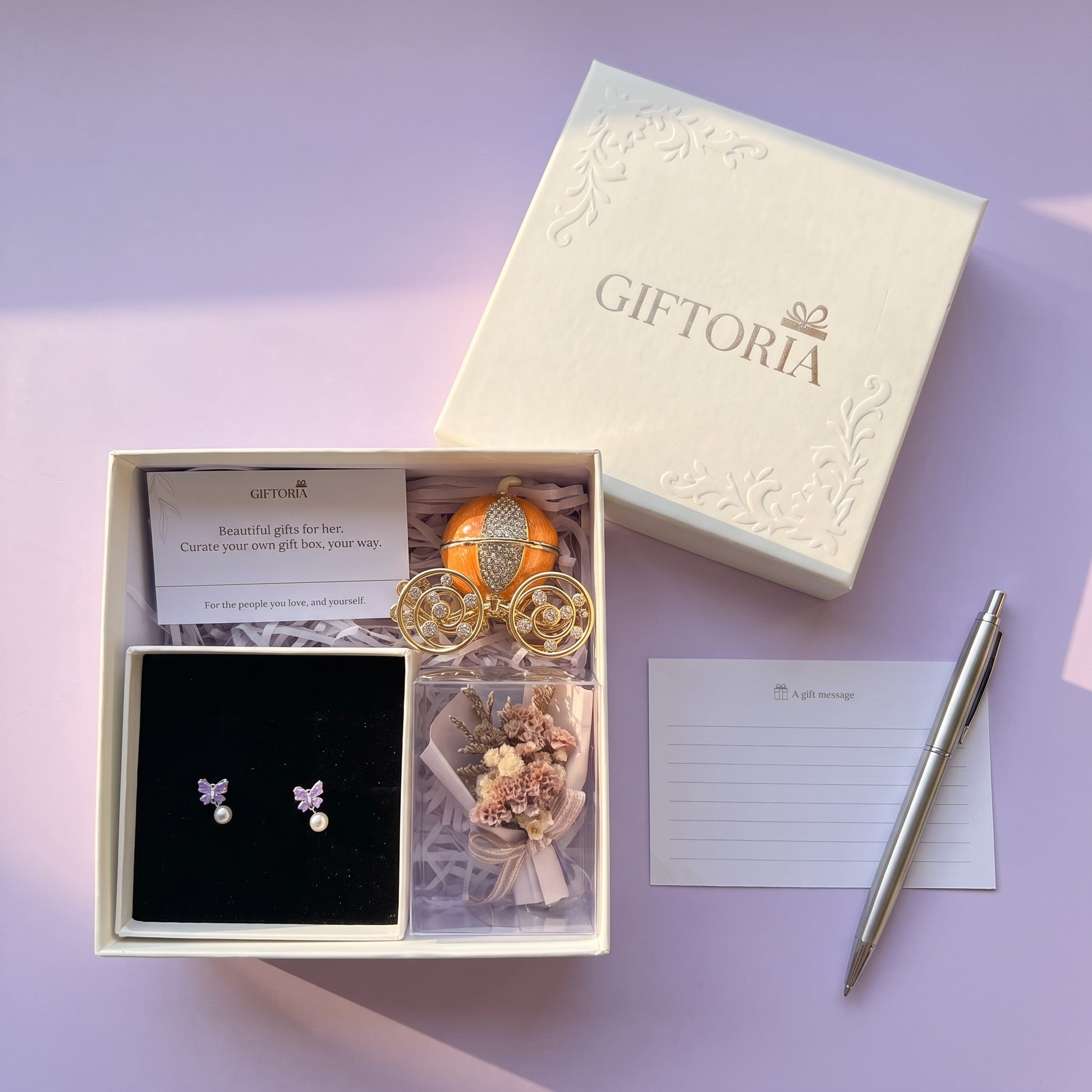 Giftoria butterfly pearl earrings and dried flower gift set presented with a message card