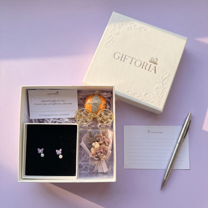 Giftoria butterfly pearl earrings and dried flower gift set presented with a message card