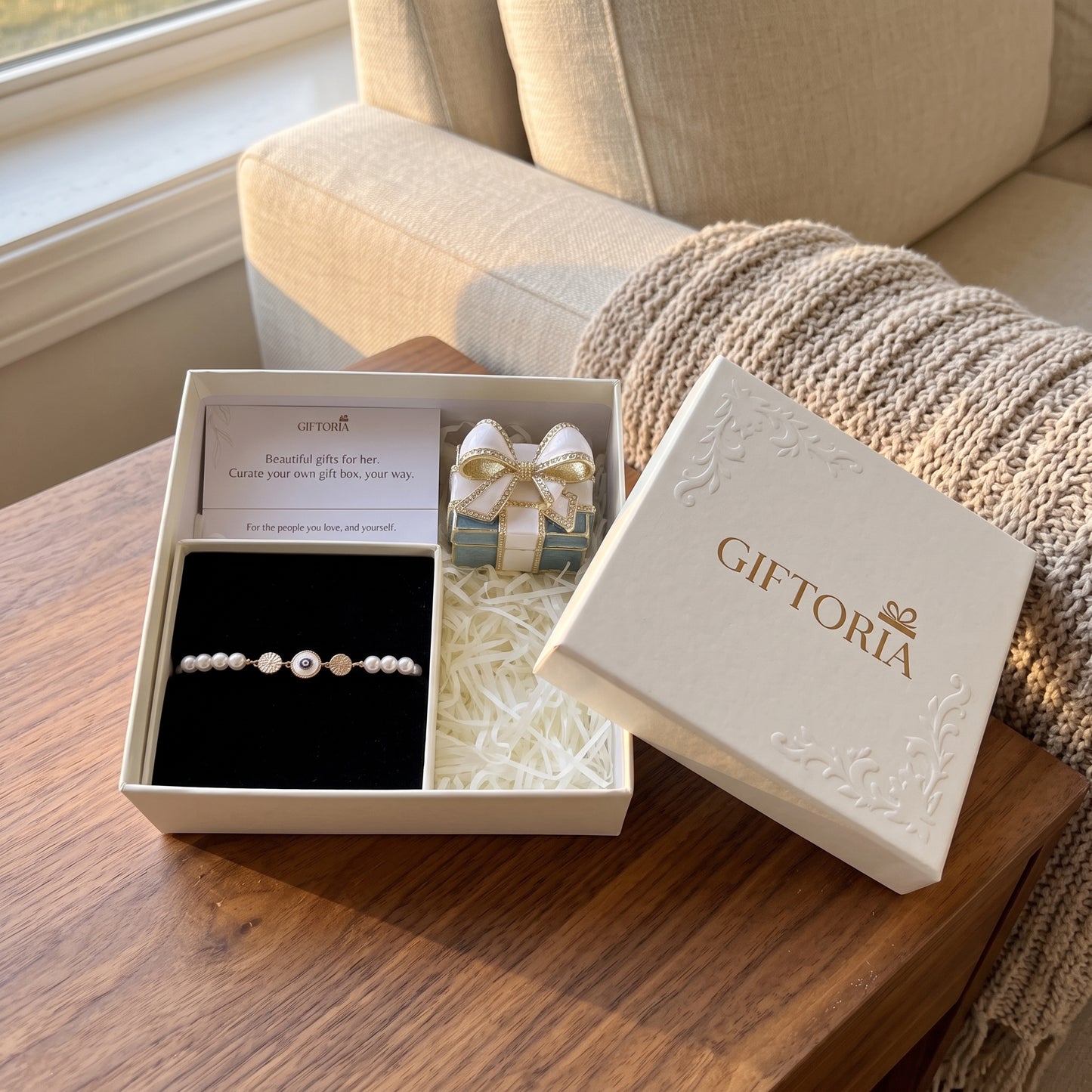 Giftoria evil eye pearl bracelet and vintage bow jewellery box gift set displayed beside an armchair