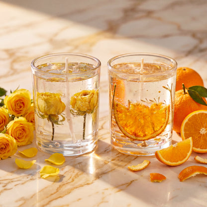 Rose and orange gel wax scented candles in clear glass on marble surface