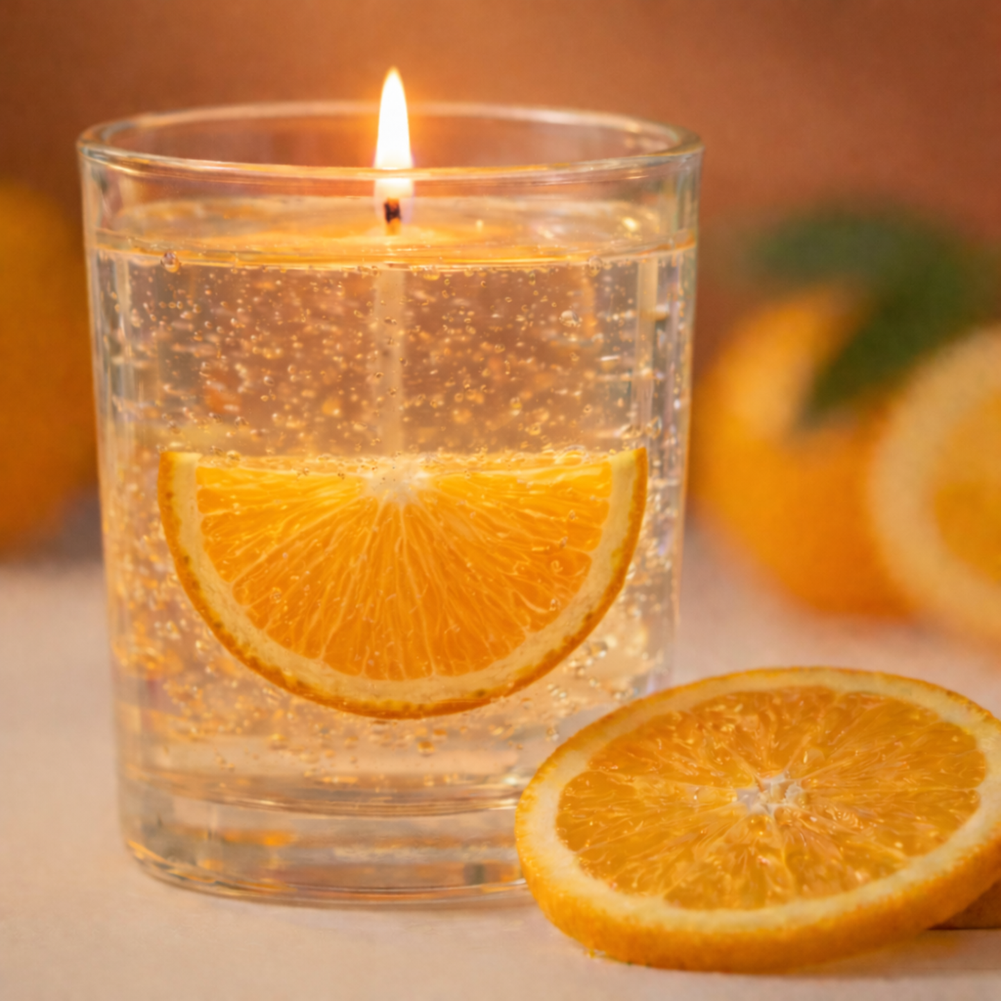 Orange gel wax scented candle front view in clear glass