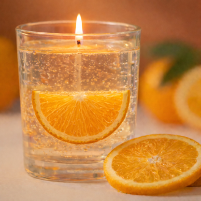 Orange gel wax scented candle front view in clear glass
