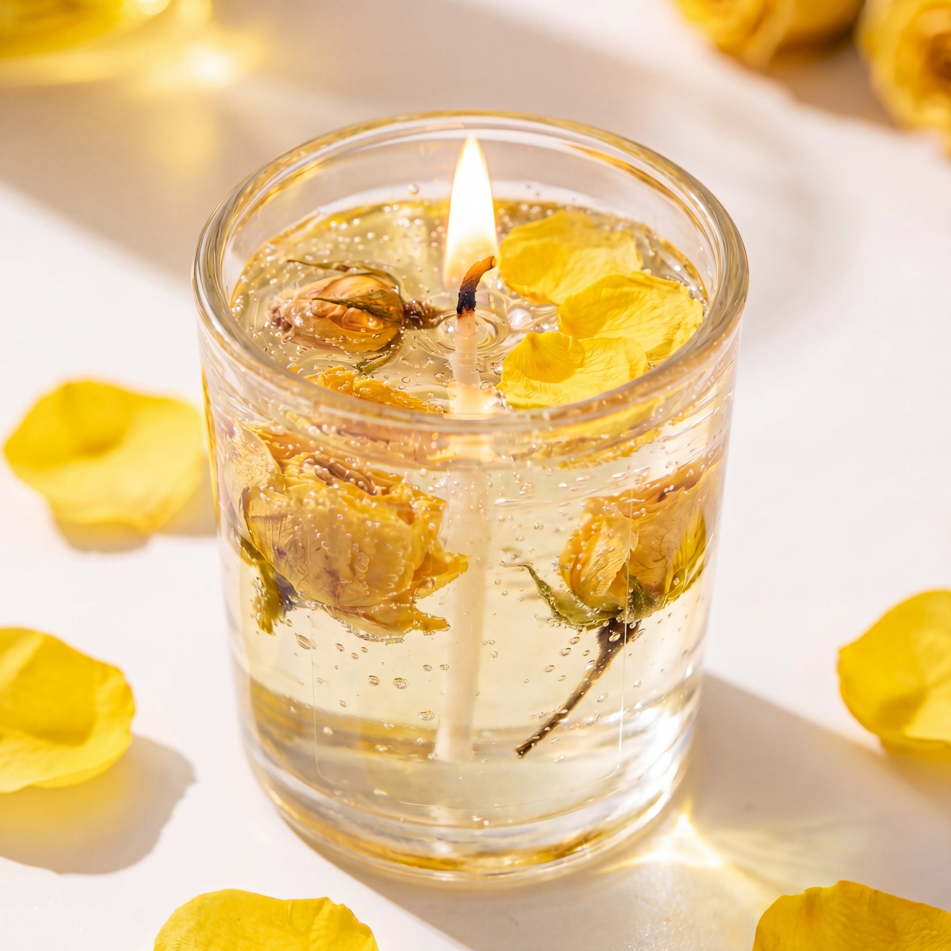 Rose gel wax scented candle close-up with lit flame in glass jar